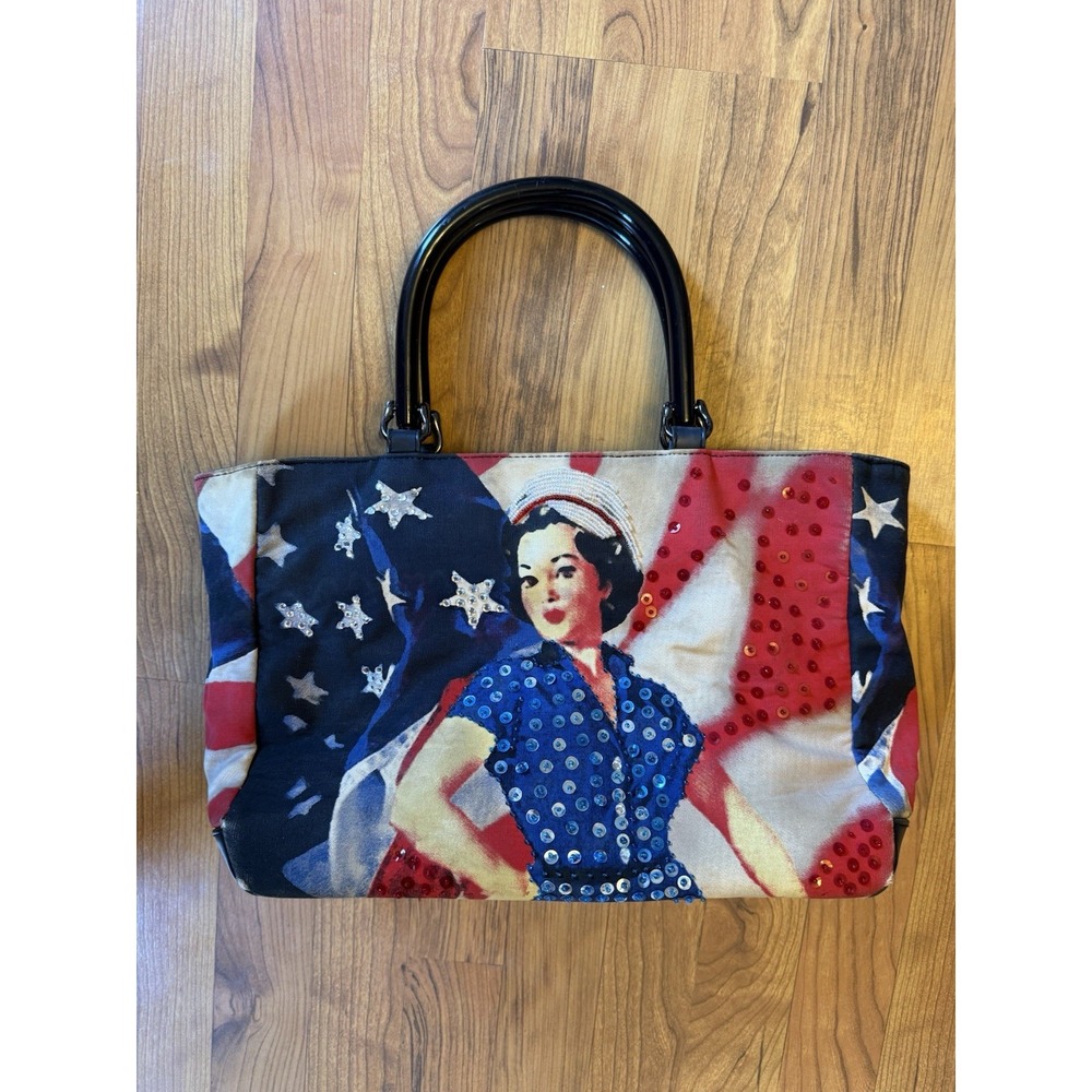 VTG Y2K Pinup girl Rockabilly Sequined Purse W Plastic Handles & Magnet Closure